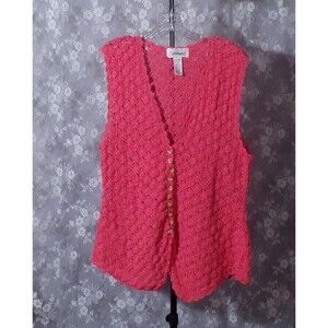 Vintage 90s Crochet Vest 1990s Coral Button Front Knit Whimsigoth Boho Size XL